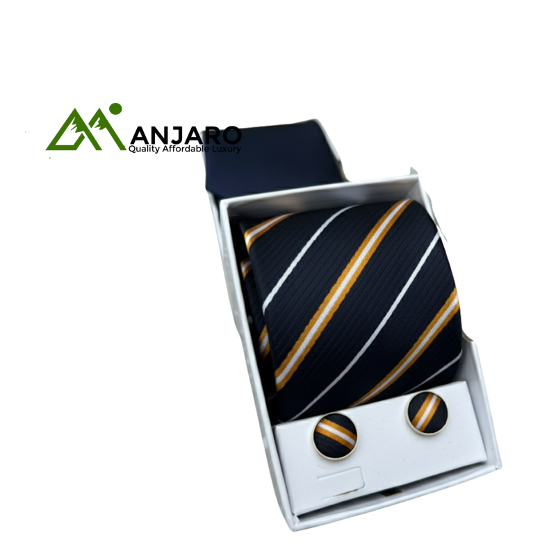 Executive Collegiate Tie Set - Navy & Gold/White Stripe Necktie, Solid Navy Tie & Gold Cufflinks - Academic & Professional 3-in-1 Gift
