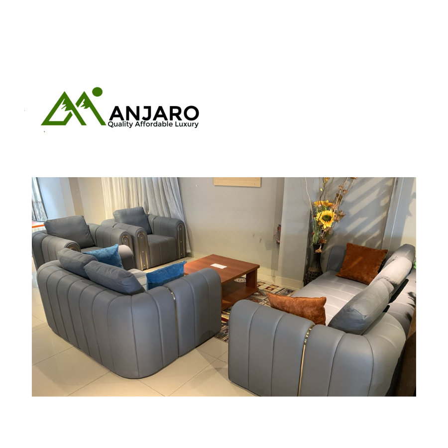 Sleek Grey 6-Seater Living Room Set with Architectural Channel Tufting & Gold Accents – Modern Style & Comfort