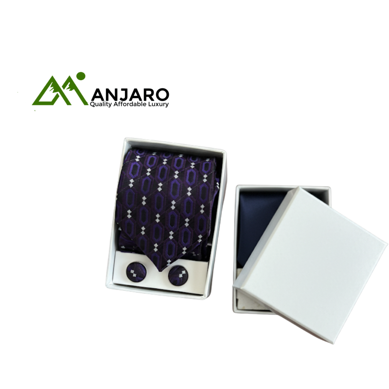 Luxury Purple Geometric Tie Set - Statement Pattern Necktie, Solid Navy Tie & Matching Cufflinks - Bold & Elegant 3-in-1 Gift
