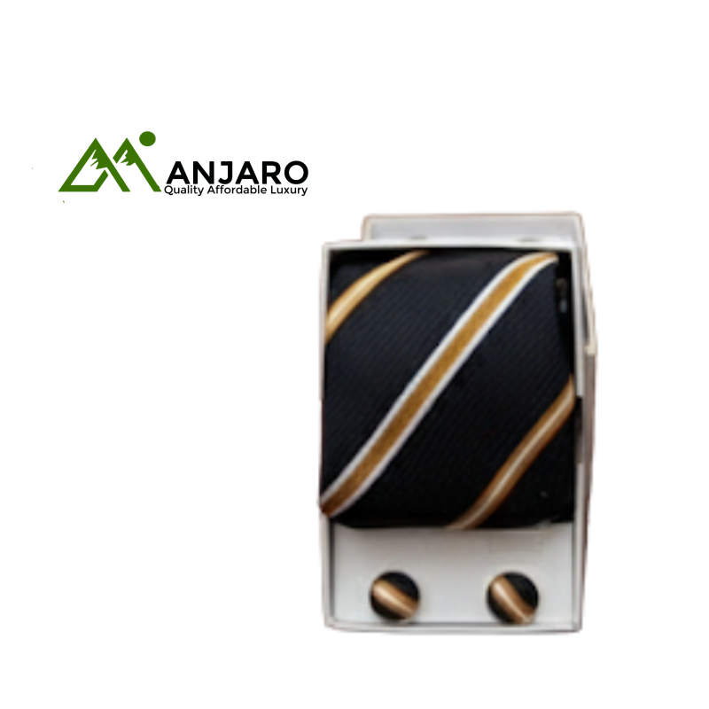 Navy & Gold Stripe Tie & Cufflink Set