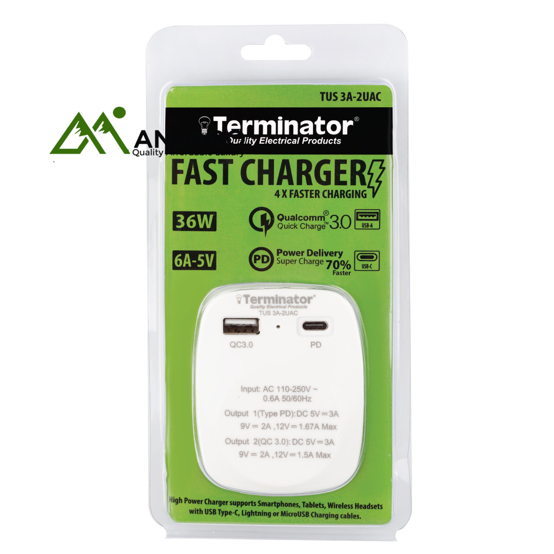 Terminator USB Charger TUS 3A-2UAC – Fast Dual Port USB Charger (A & C Type, 36W) with 13A Plug
