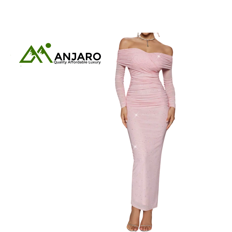 D&M Sequin Off-Shoulder Evening Maxi Dress – Elegant Slim Fit Long Sleeve Party Gown (Polyester-Cotton)