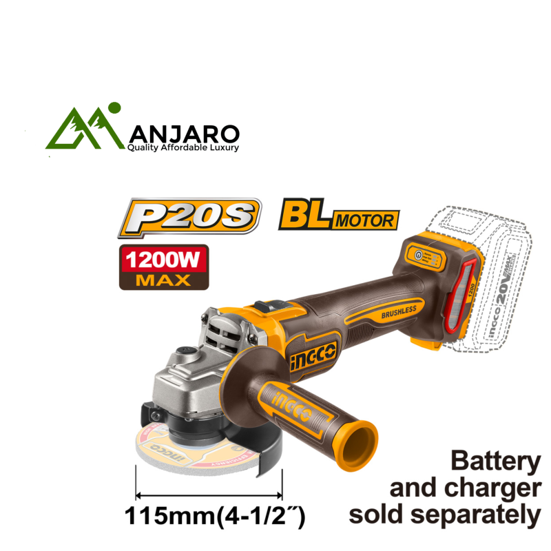 CAGLI221153 20V Brushless Cordless Angle Grinder – 1200W, 3-Speed Variable Control, 115mm Disc