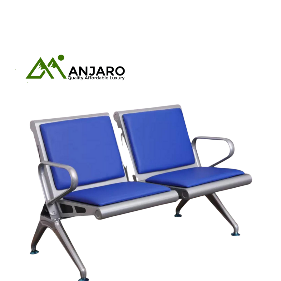 2-Seater Waiting Area Bench – Blue Cushioned Reception & Office Guest Chair with Metal Frame