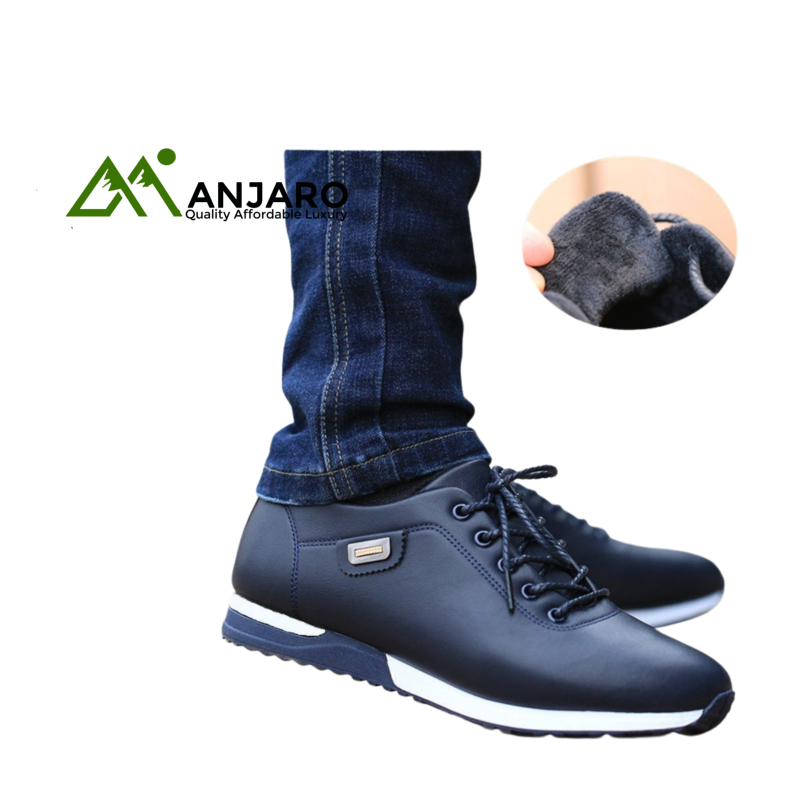 Men’s Casual Waterproof Leather Sneakers – Breathable Lace-Up Running Shoes with PU Upper