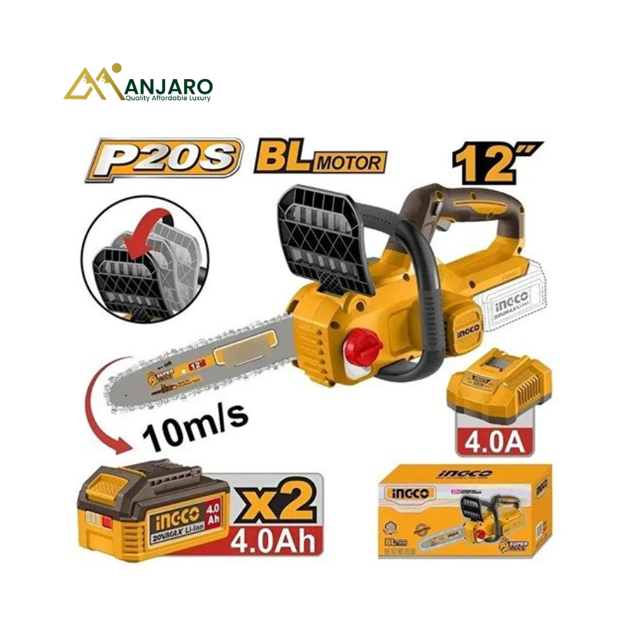 Ingco Cordless Chain Saw– 12" Brushless Chainsaw with Dual 4.0Ah Batteries – 20V CGSLI201262