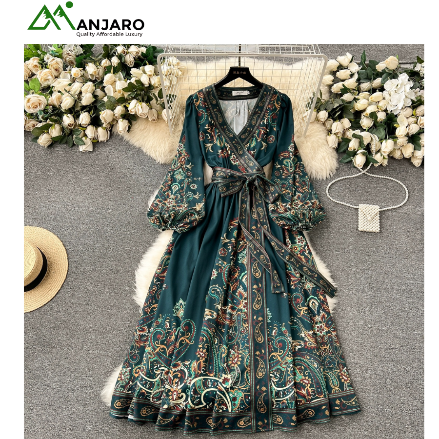 New French-Style High-End Tie-Waist Printed Long Dress for Women – Light Luxury Elegant Summer A-Line Dress(Shipping Fee Included)