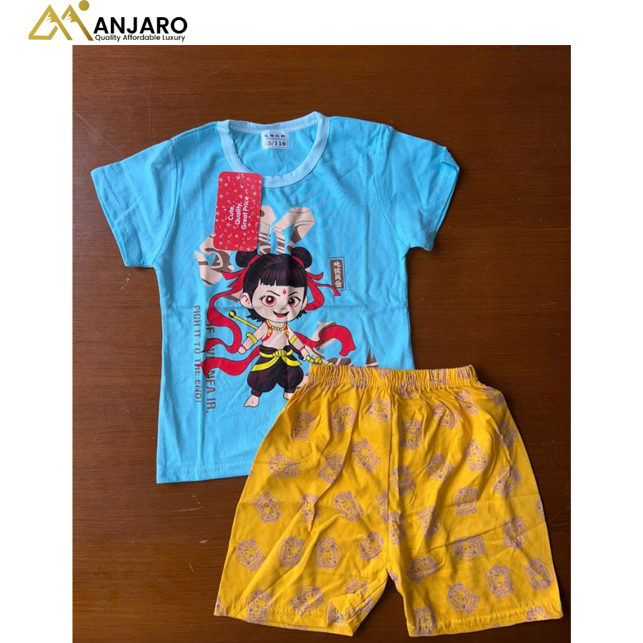 NeZha Kids' Warrior Graphic Top and Yellow Printed Shorts – 2-Piece Set