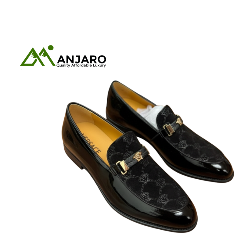 Versace-Style Black Patent Loafers - Gold Medusa Emblem & Patterned Suede - Evening/Luxury Slip-Ons