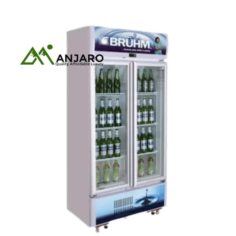 BRUHM Beverage Cooler BBD-409M – 409L, Double Door, Dual-Layer Tempered Glass, Mechanical Temperature Control with Digital Display, Interior LED Lighting, Adjustable Shelves, Security Lock & Key, Ener