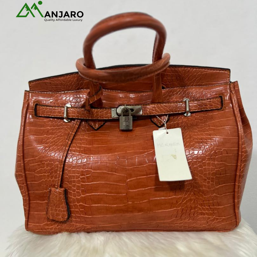 Large Brown Croc-Embossed Birkin Style Top Handle Bag – Luxurious Statement Tote with Silver Lock & Key