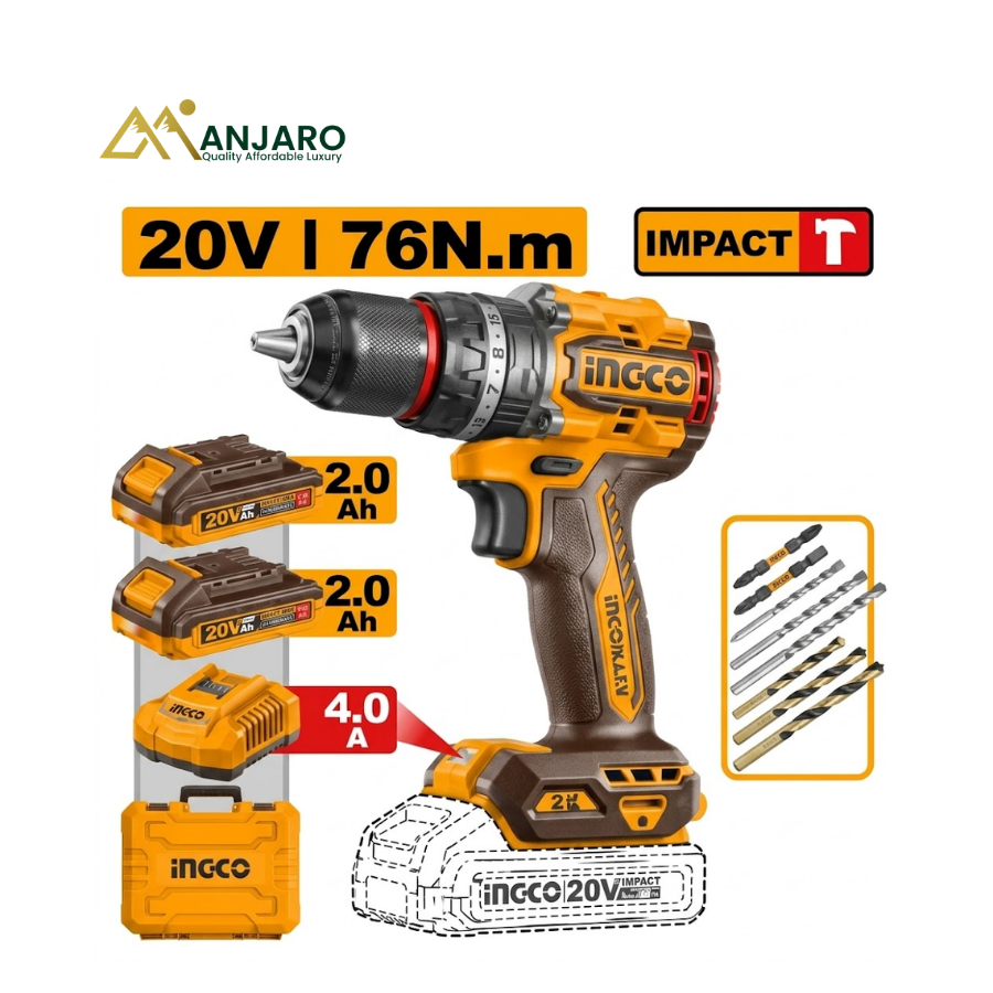 INGCO CIDLI207686 20V Brushless Cordless Impact Drill – 76Nm Professional Hammer Drill Kit with 2 Batteries & 47 Accessories