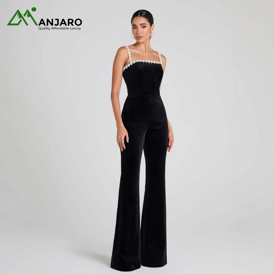 D&M Pearl Sling Velvet Wide-Leg Jumpsuit for Women – Full Length, Solid Color, Sexy Party Wear(Shipping Fee Included)