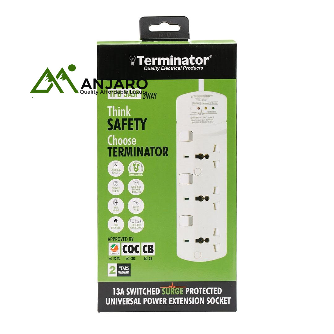 Terminator TPB 3ASP – 3-Way Universal Power Extension Socket with Surge Protection, Switches, Indicators & 3M Cable
