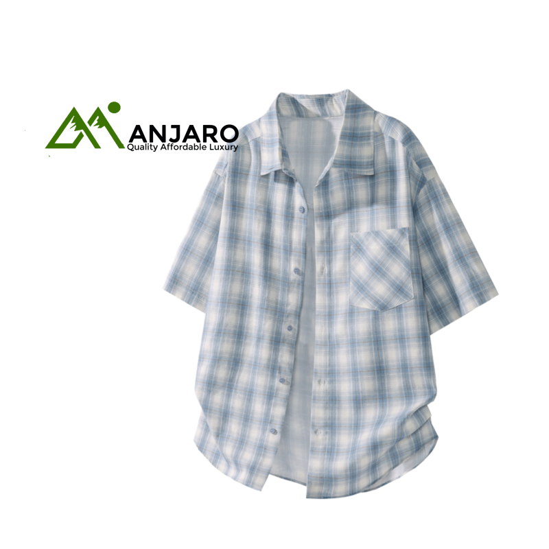 Men’s Casual Short-Sleeved Shirt – White Bottom Large Size Plaid Polyester Cotton