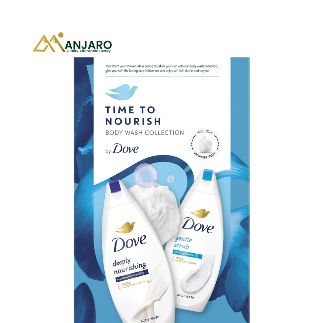 Dove Time to Nourish Body Wash Collection – 3-Piece Gift Set – Includes Deeply Nourishing & Gentle Scrub Body Wash with Shower Puff