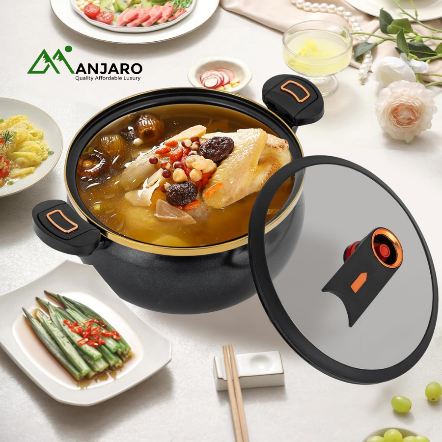 Premium Dark Metallic Cook Pot (Granite Finish) | Non-Stick, Multi-Cooker, Gold Trim, Glass Lid