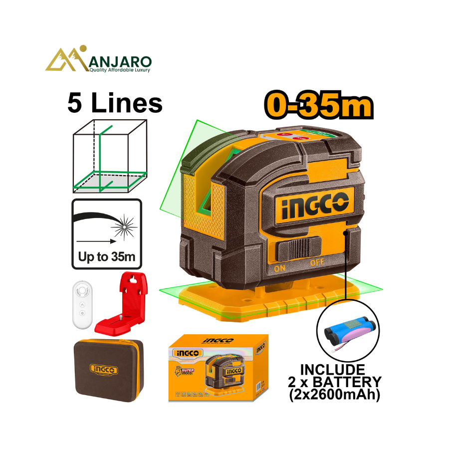 Ingco Self-Leveling Line Laser – Green Beam 360° Cross Line Laser – 35m Working Range HLL306502