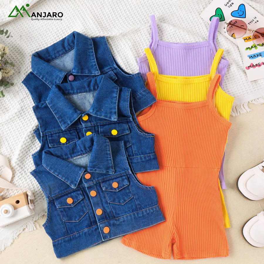 Kids Denim Waistcoat + Jumpsuit 2-Piece Set – Solid Color, Lightweight, Casual Wear for Spring & Summer(Shipping Fee Included)