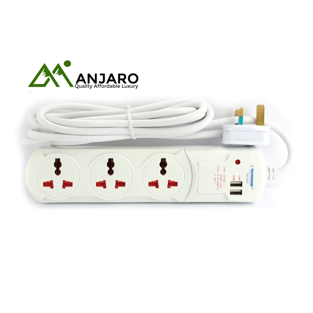 Terminator 3 Way Universal Power Extension Socket | 2 USB Ports | 13A Plug