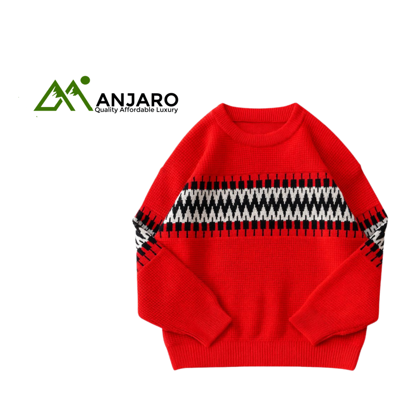 Geometric Jacquard Knit Sweater in Red | Vibrant Pattern Pullover for Bold, Modern Style