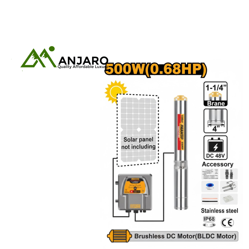DWPDC50061 4" Solar Deep Well Pump – 500W (0.68HP) | Brushless DC Stainless Steel Submersible Pump with Control Box & Sensors