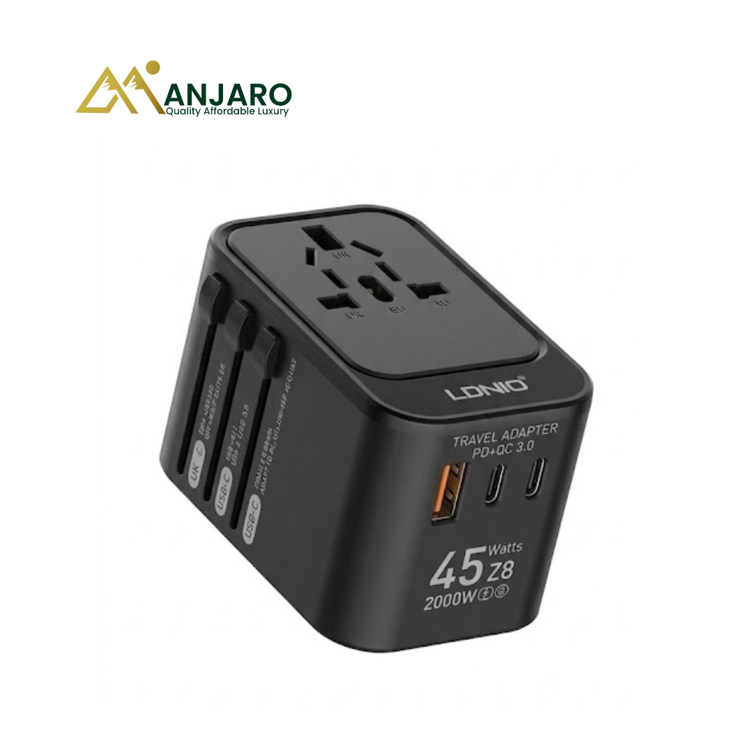 LDNIO 45W Universal Adapter – 1 USB-A & 2 USB-C Ports | Fast Charging for Phones & Tablets