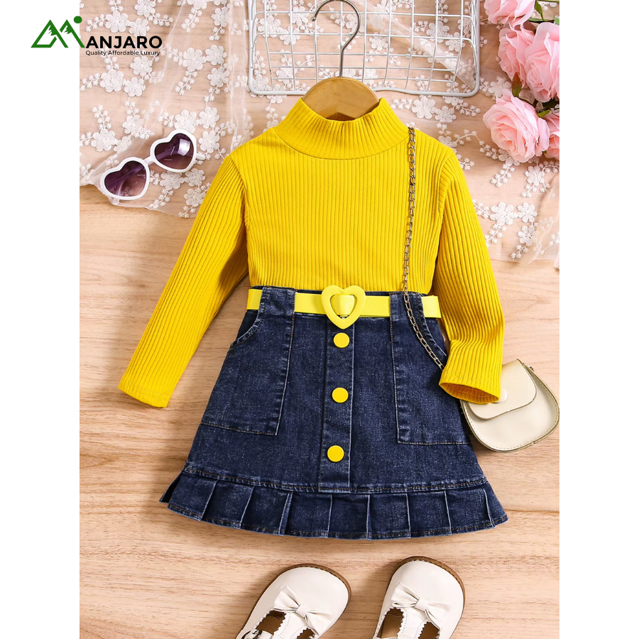Girls Long-Sleeved Top & Denim Pleated Skirt Set – Western-Style Birthday Outfit with Anti-Wrinkle Comfort(Shipping Fee Included)
