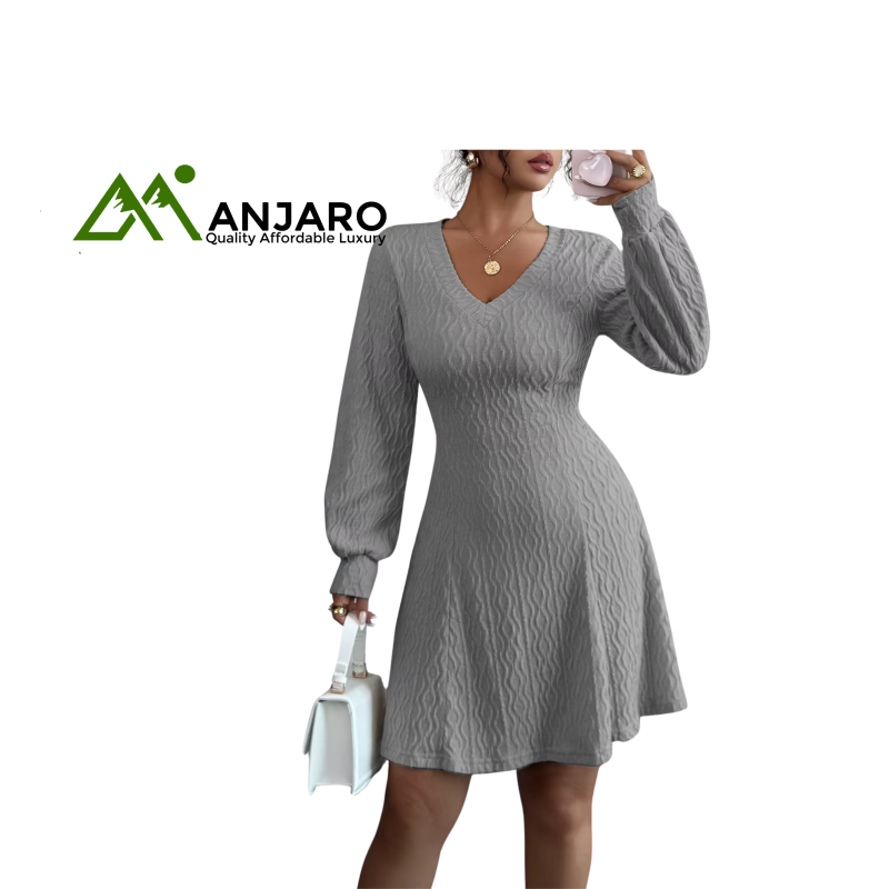 Elegant V-Neck Long Sleeve Short Dress for Women – Casual Breathable A-Line Mini Dress with Pockets