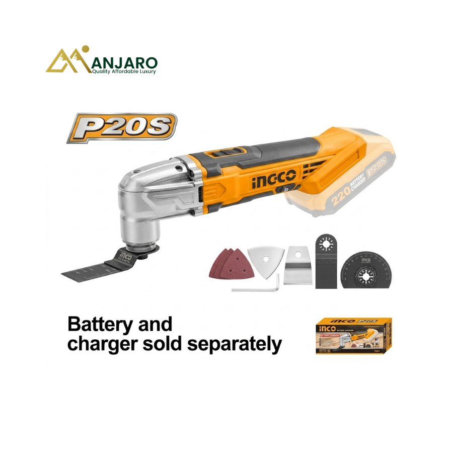 INGCO CMLI2001 20V Cordless Multi-Tool | Variable Speed Oscillating Tool with Cutting, Scraping & Sanding Accessories