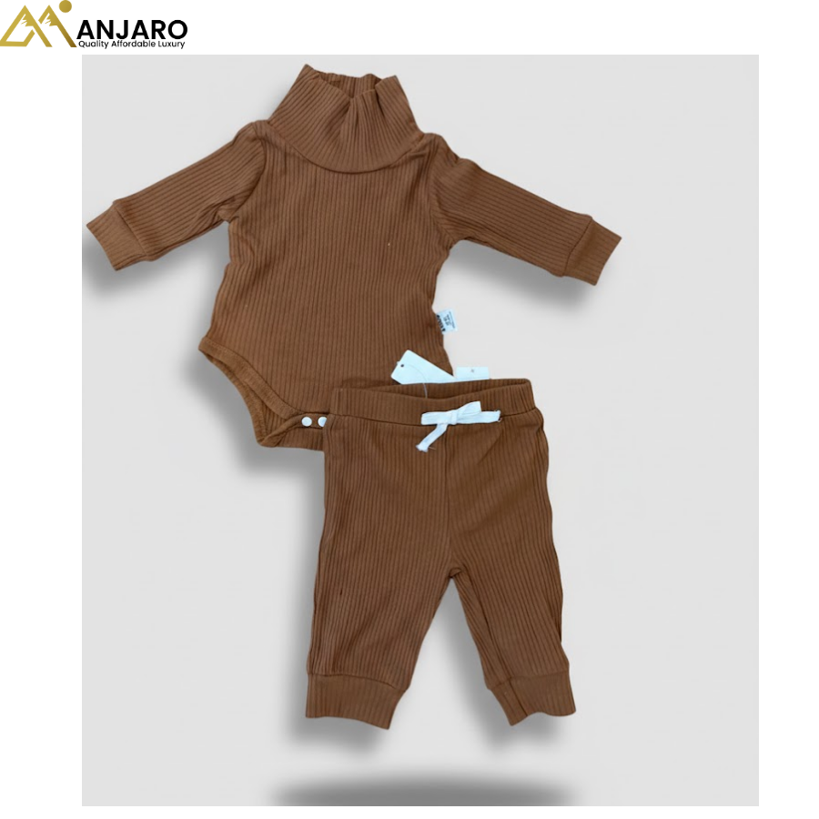 Baby Ribbed Brown Outfit Set – Bodysuit & Pants (0–1 Month)