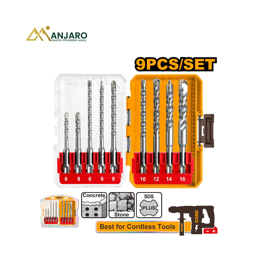 Ingco SDS Plus Hammer Drill Bits Set – 9 Piece Masonry & Concrete Drill Bit Kit AKDL30906