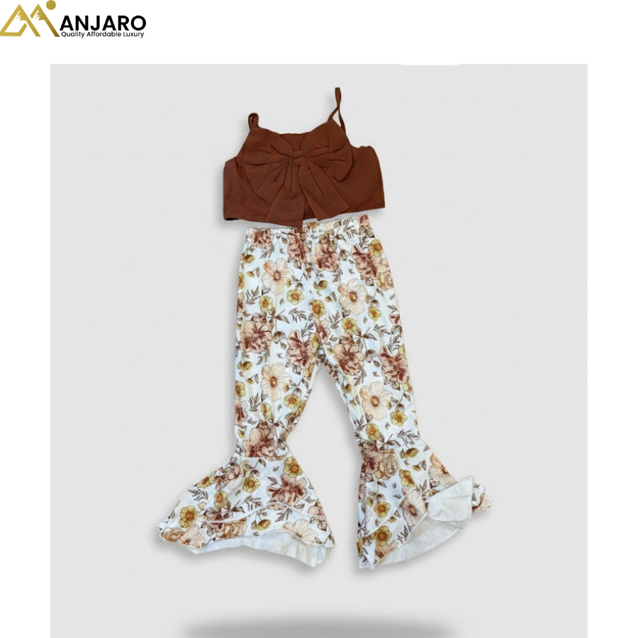 Girls Brown Bow Crop Top & Floral Bell-Bottom Pants Set – 2 Piece Outfit