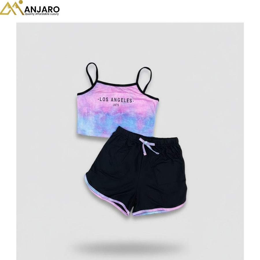 Girls Tie-Dye Los Angeles Crop Top & Black Shorts Set – 2 Piece Outfit (Sizes 8–10)
