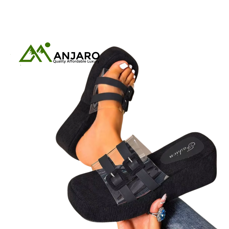 High-Heeled Women’s Slippers Wide-Sided Chunky Platform Wedge Sandals with Buckle Strap – Summer Beach Style