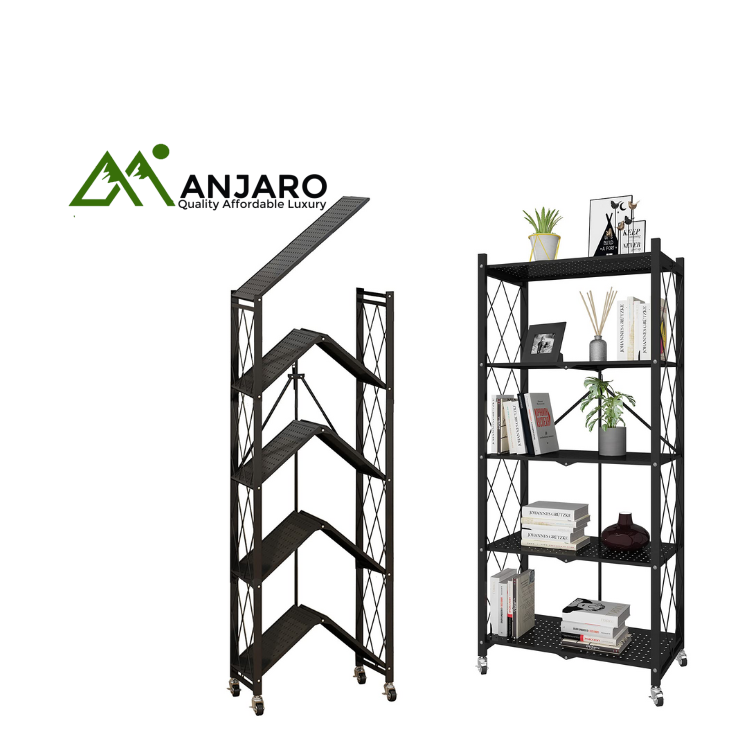 5-Tier Foldable Metal Shelf Storage Rack - Black | Heavy-Duty, Space-Saving Organizer for Home & Office