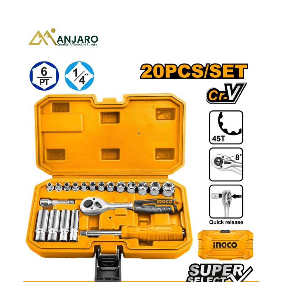INGCO HKTS14201 20-Piece 1/4" Socket Set – Professional Ratchet & Socket Wrench Kit with Storage Case