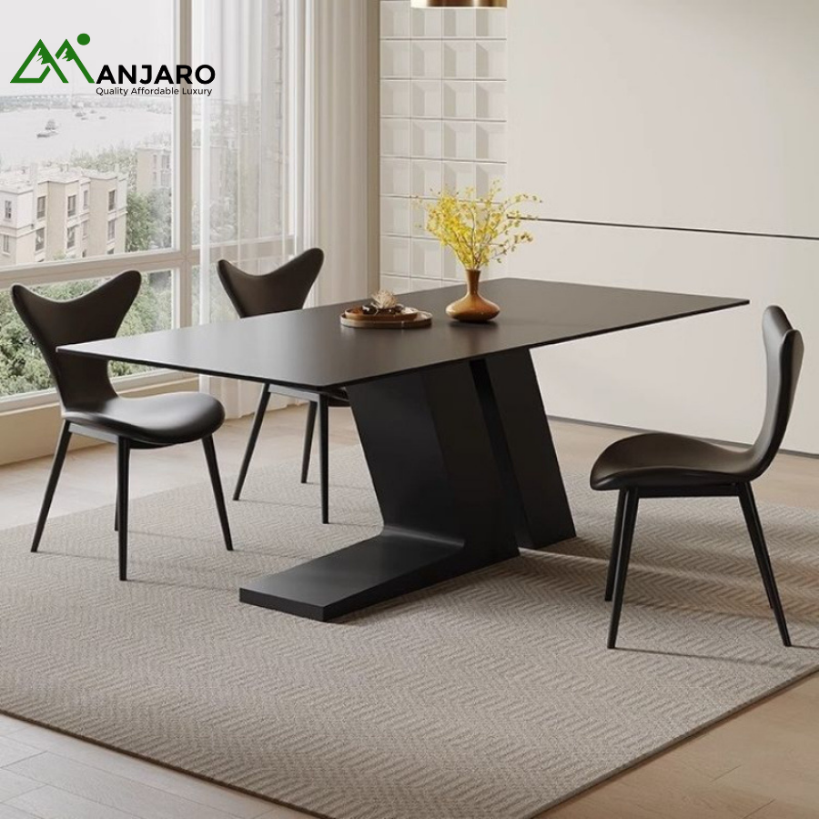 Inno Slate Black Dining Table + 6 Fishman Chairs – Modern Italian Rock Slab Set for Small Homes & Living Spaces