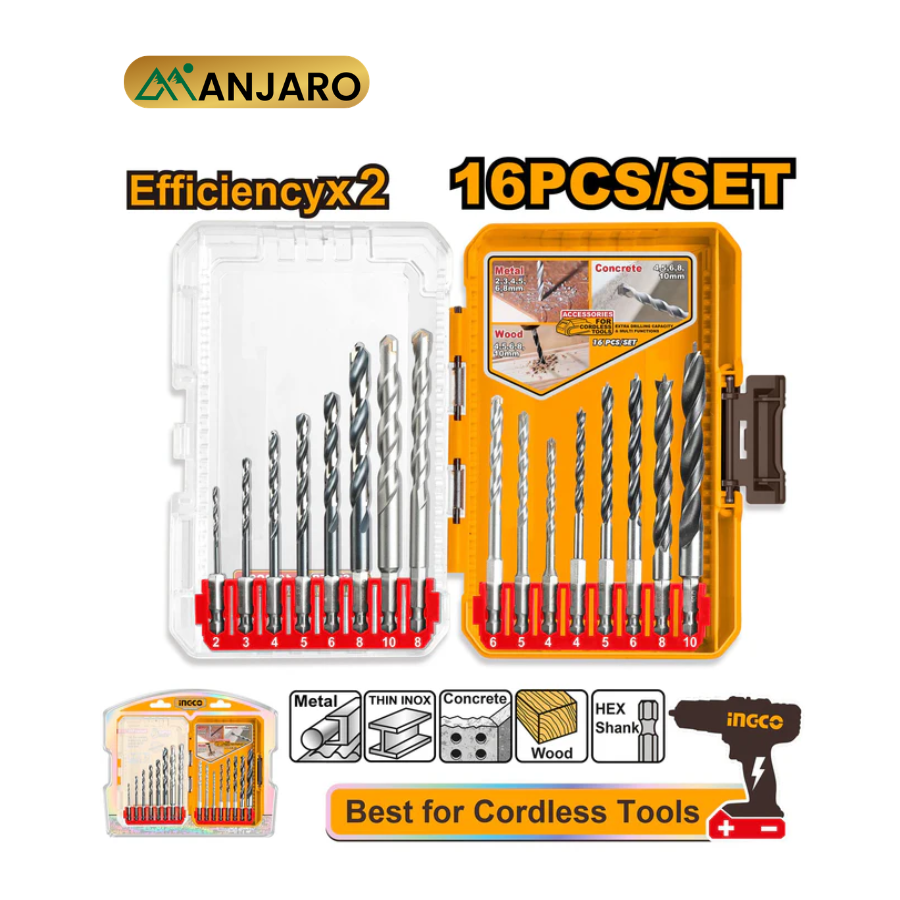 Ingco Drill Bit Set 16 Pcs Hex Shank Metal Masonry & Wood Bits AKDL11608