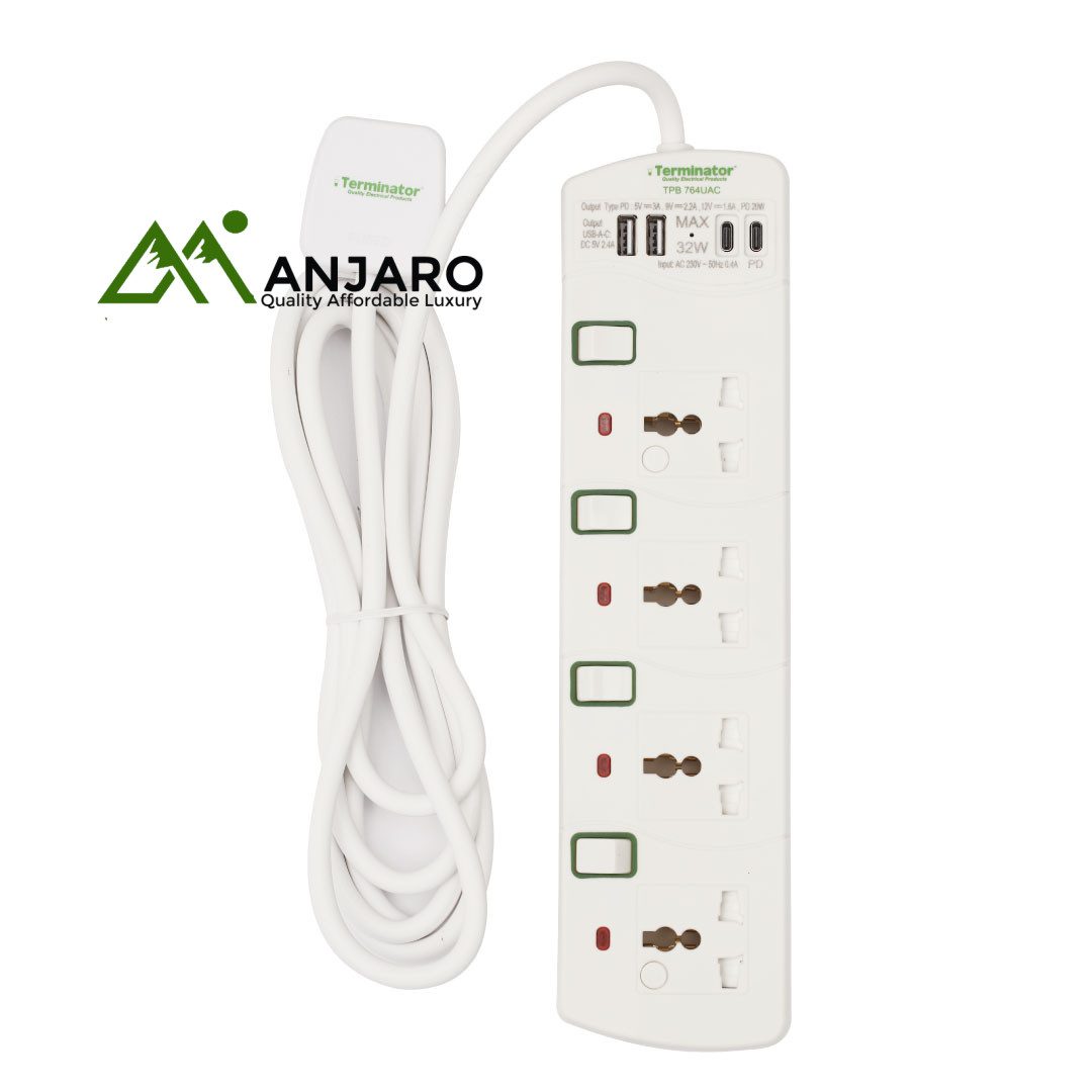 Terminator Extension Lead TPB 764UAC-3M – 4 Way Universal Power Extension Socket with 4 USB, 3M Cable & Individual Switches