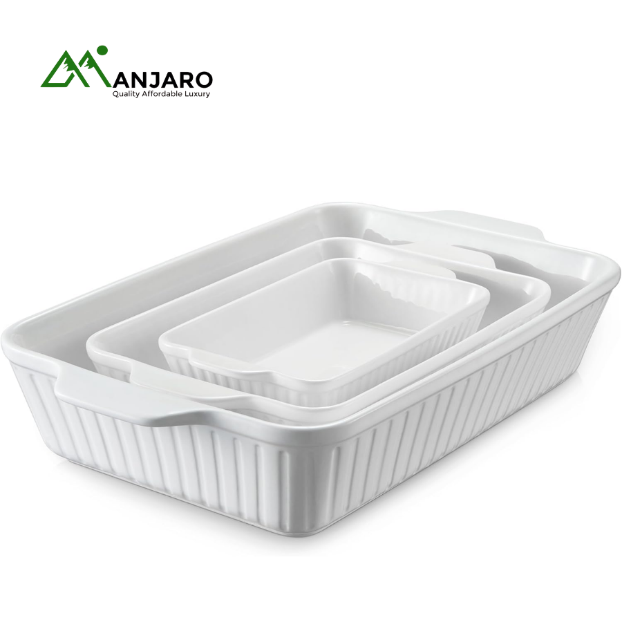 HAIHONG Set of 3 Ceramic Baking Dishes | Rectangular White Porcelain Roasting Pan with Metal Handles