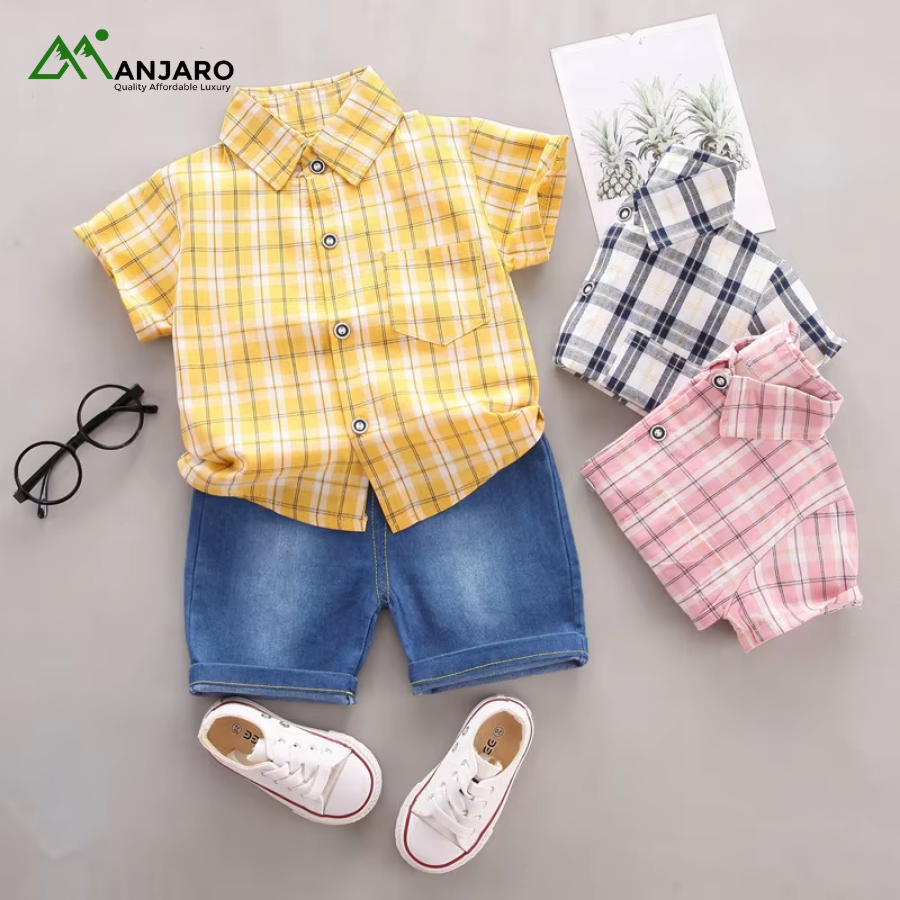 Wholesale Two-Piece Casual Boys Clothing Set – Cotton Elastic Denim Shorts & Plaid Top(Shipping Fee Included)