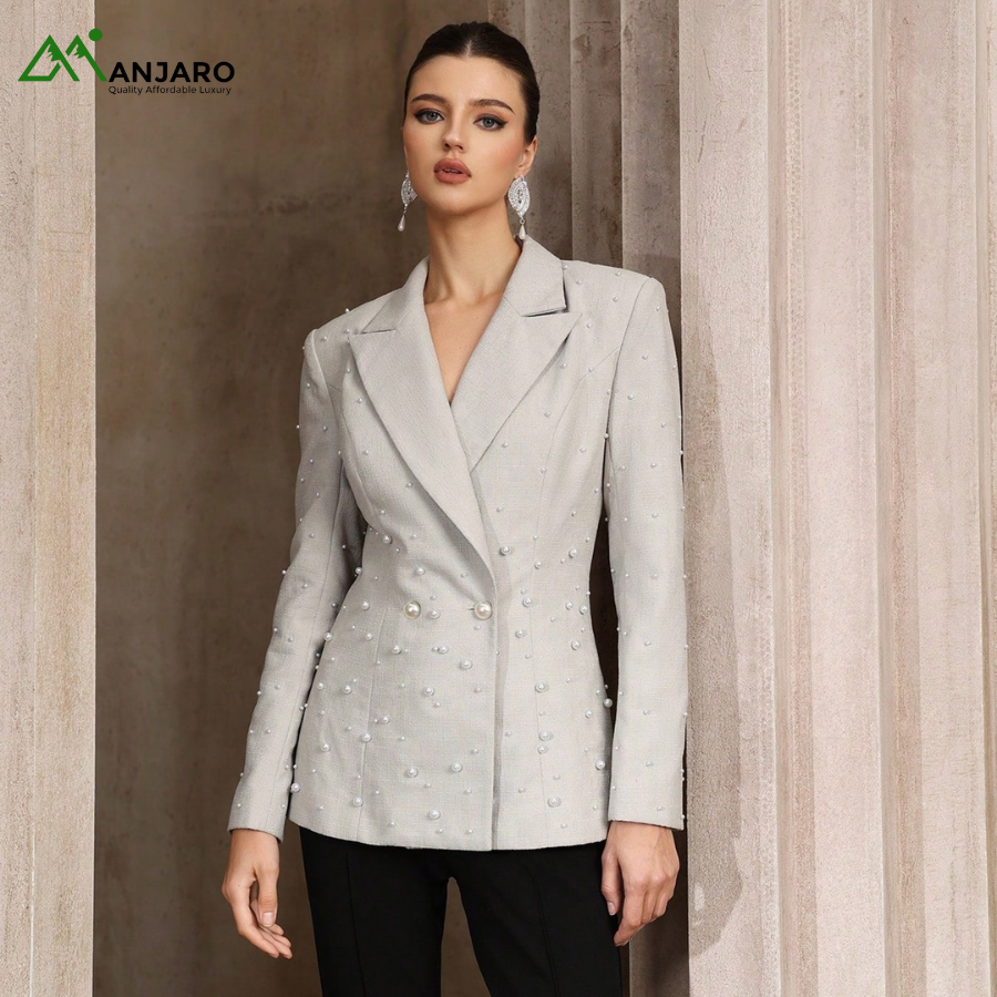 D&M Rivet Beads Blazer for Women – High Quality Fall Winter Lapel Business Coat with Pearl Detail(Shipping Fee Included)