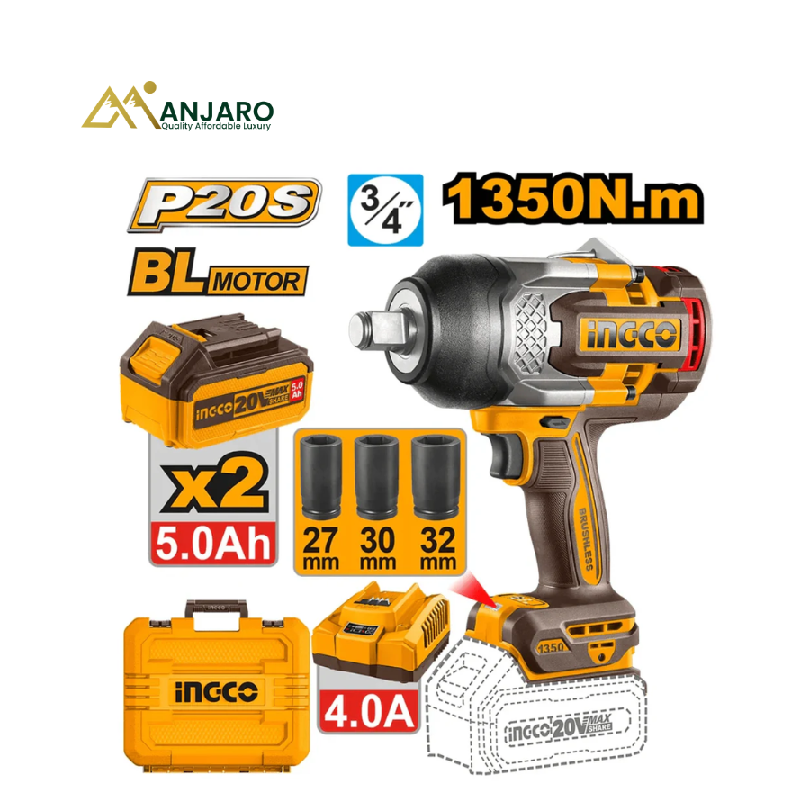 INGCO  20V Brushless Cordless Impact Wrench – 1350Nm Torque with 3/4" Square Drive CIWLI201355