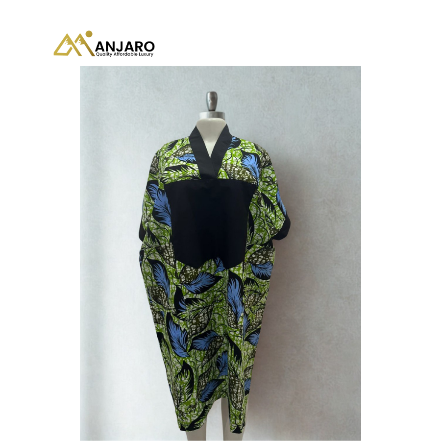 Emerald Foliage Batìk Short Bubu – Midnight Onyx Placket