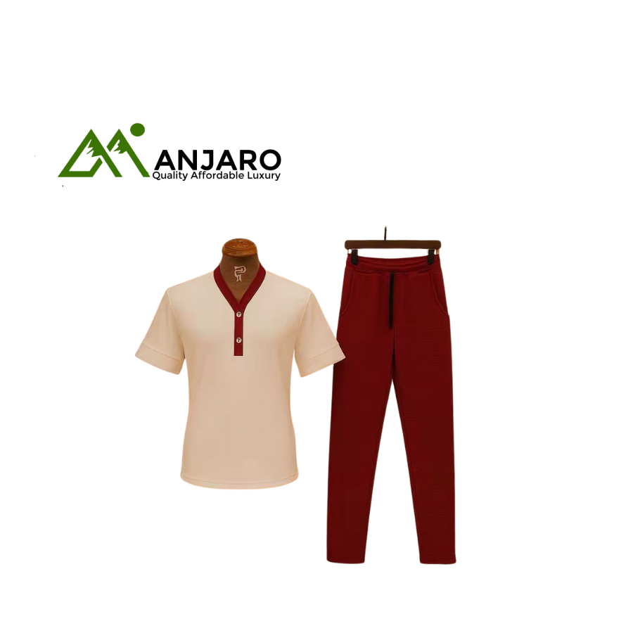 White & Maroon Two-Piece Outfit – Short Sleeve Button-Collar Shirt with Matching Maroon Pants