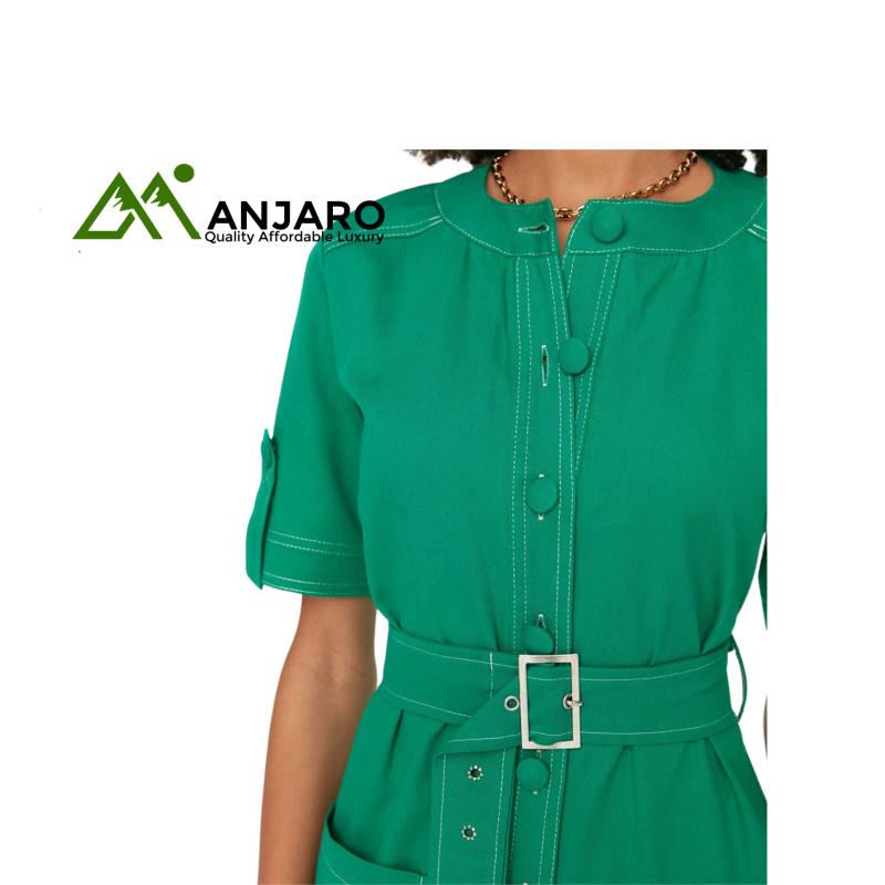 Green Belted Sewing Detail Mini Dress – 100% Cotton Gabardine