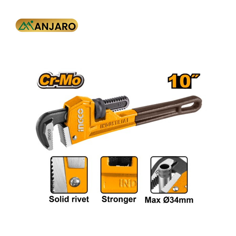 Ingco 10-Inch Pipe Wrench 250mm – Heavy-Duty CR-MO Adjustable Plumbing Wrench HPW0810