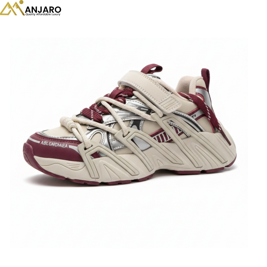 Boys Chunky Sneakers – Beige, Burgundy & Silver