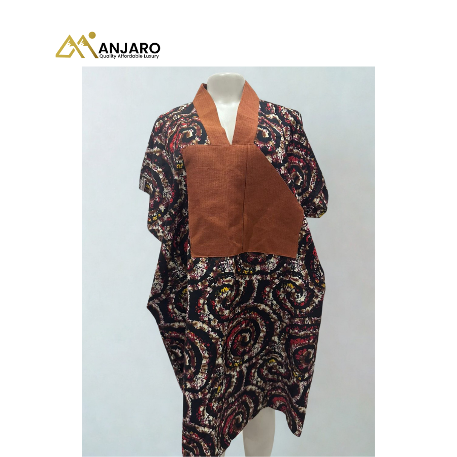 African Print Ankara Kaftan Dress – Batik Swirl Pattern with Brown Bib | Comfortable & Stylish Women’s Wear